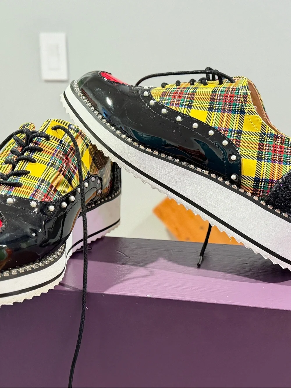 Betsy Johnson Plaid Platform Oxfords w/Heart Detail